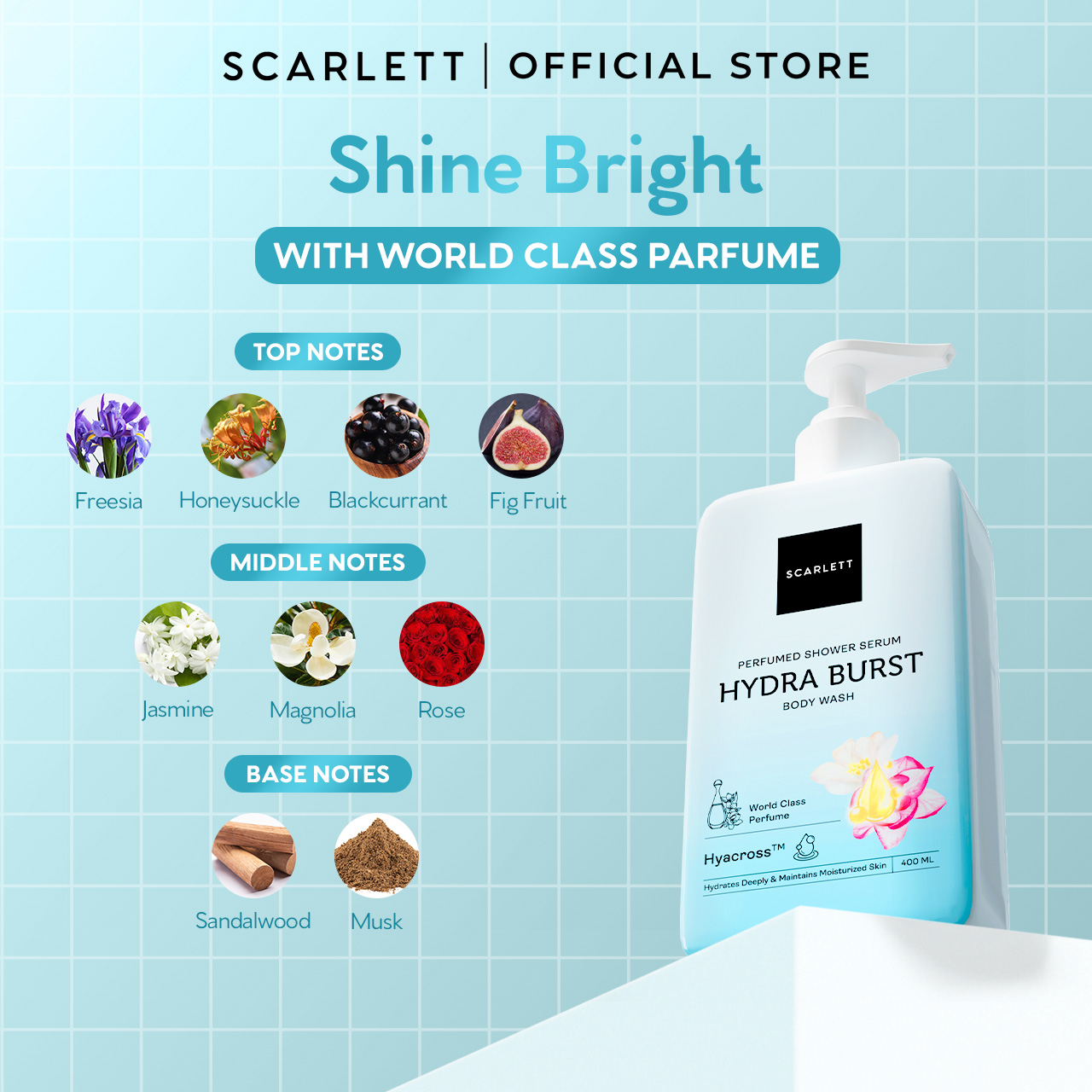 SCARLETT Perfumed Shower Serum 400ml – Hydra Burst | Hydrating Shower Gel dengan Hyacross™ | Sabun Mandi Cair Melembabkan Kulit Kering, Menjaga Kelembapan | Kulit Lembut & Kenyal dengan Wangi Parfum Mewah Kelas Dunia
