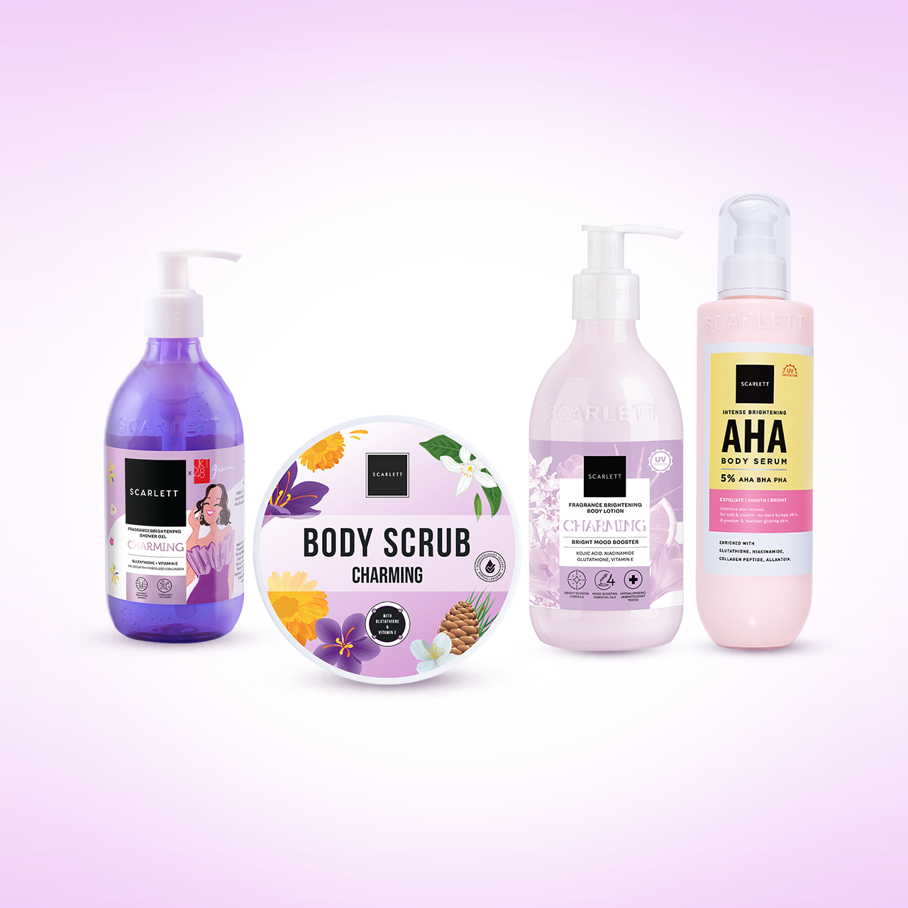 Scarlett 4pcs Bodycare Daily Routine Charming Mood Booster + AHA Body Serum