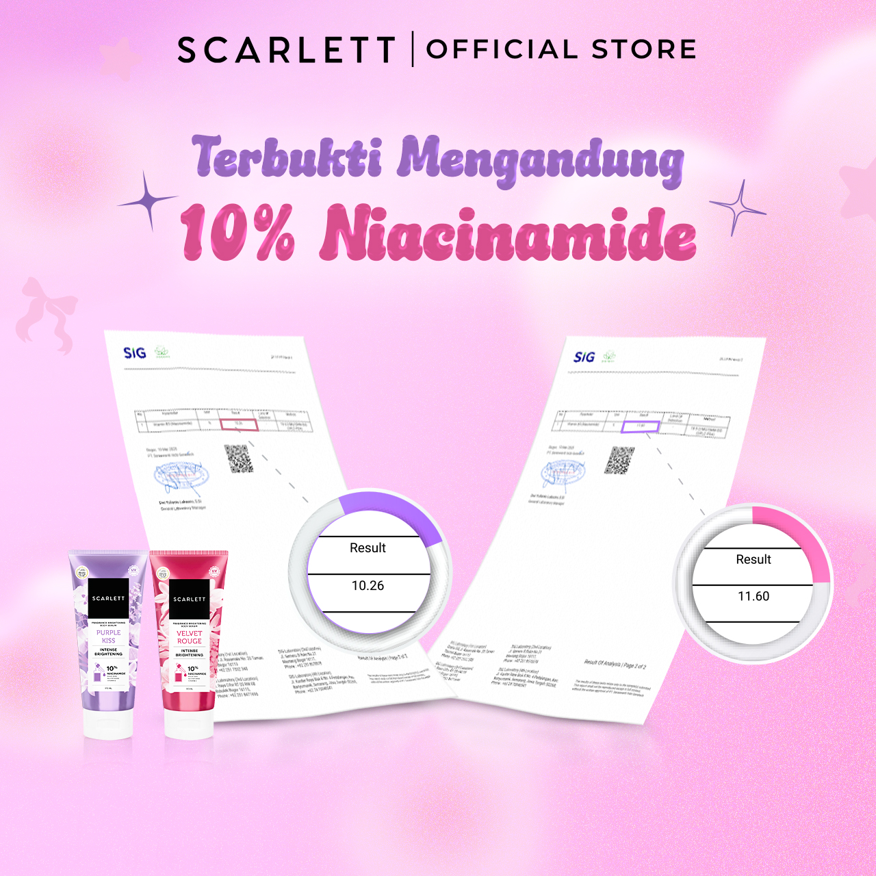 SCARLETT 10% NIACINAMIDE Fragrance Brightening Bundling Body Serum Tube Velvet Rouge & Purple Kiss 170ml