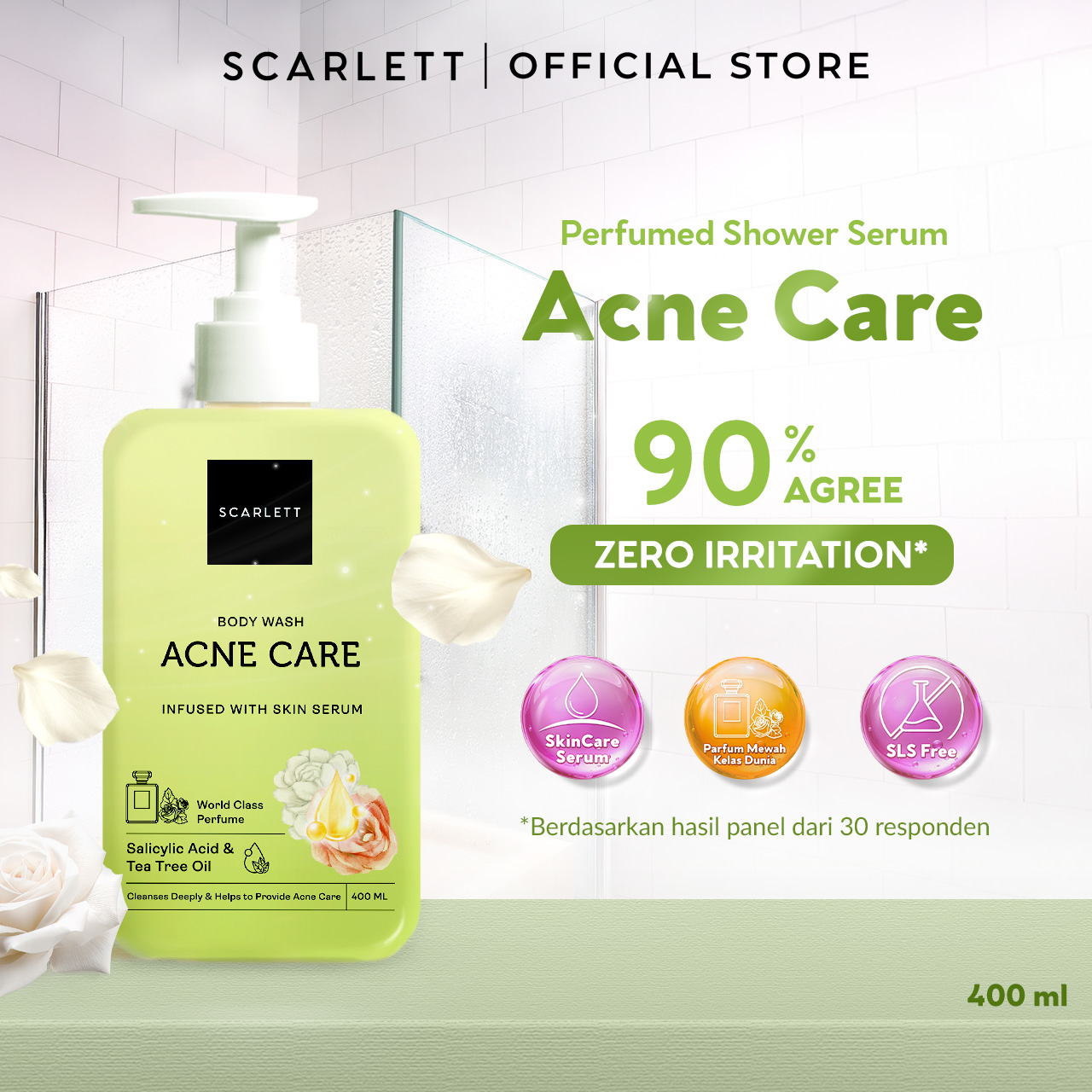 SCARLETT Perfumed Shower Serum 400ml – Acne Care | Anti-Acne Shower Gel dengan Salicylic Acid & Tea Tree Oil | Sabun Mandi Cair untuk Jerawat Punggung & Dada, Membersihkan Pori, Menenangkan Kulit Berjerawat | Shower Serum dengan Wangi Parfum Mewah Kelas Dunia
