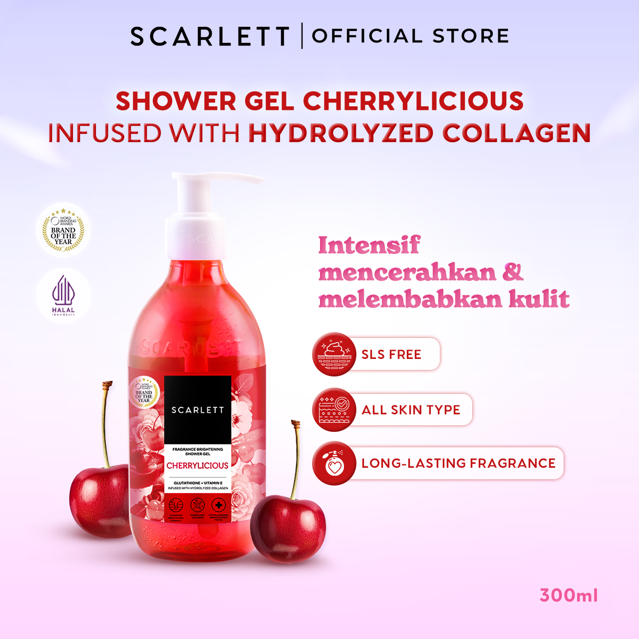 Scarlett Fragrance Brightening Shower Gel Cherrylicious | Body Wash | Sabun Mandi Cair