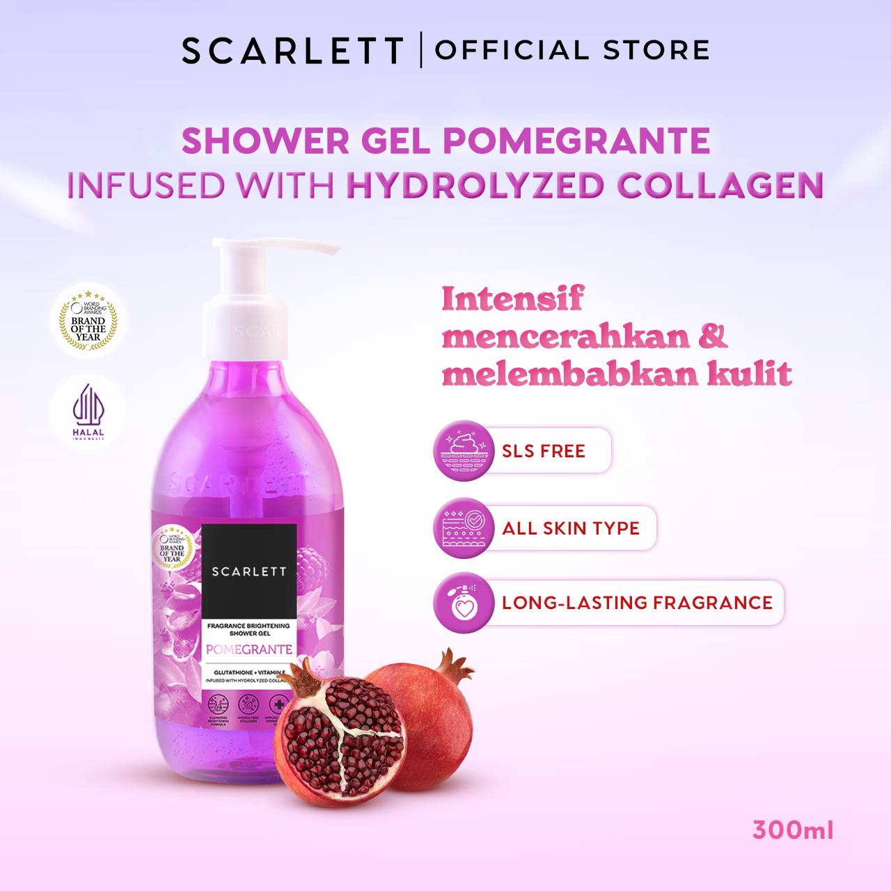 Scarlett Fragrance Brightening Shower Gel Pomegrante | Body Wash | Sabun Mandi Cair