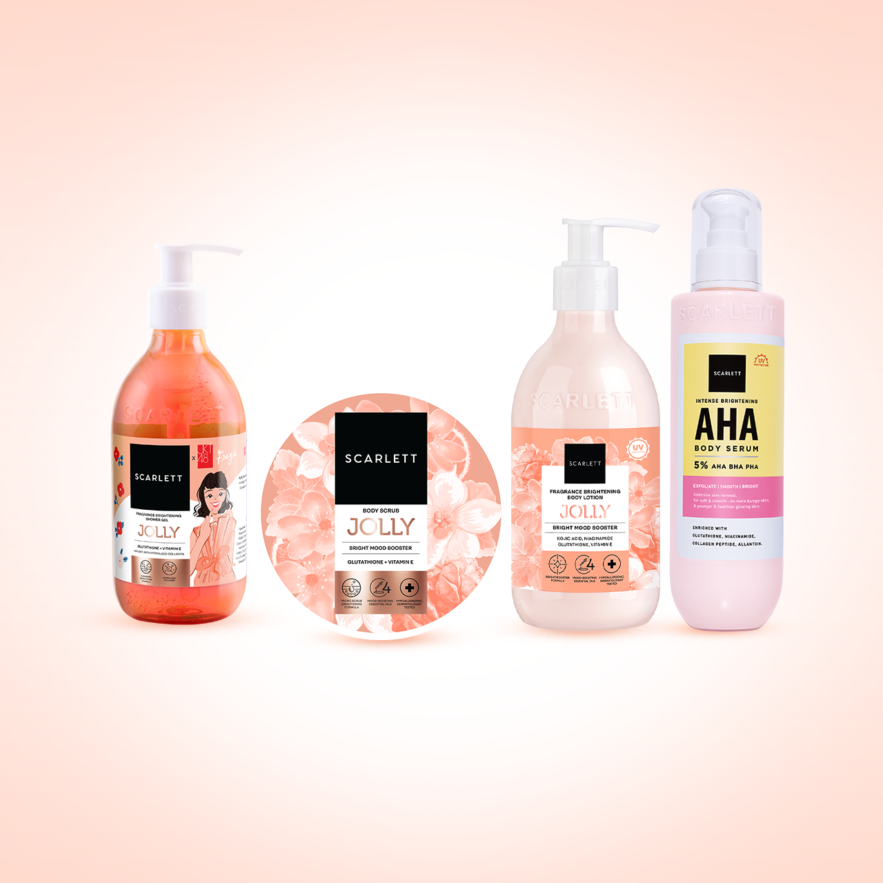 Scarlett 4pcs Bodycare Daily Routine Jolly Mood Booster + AHA Body Serum