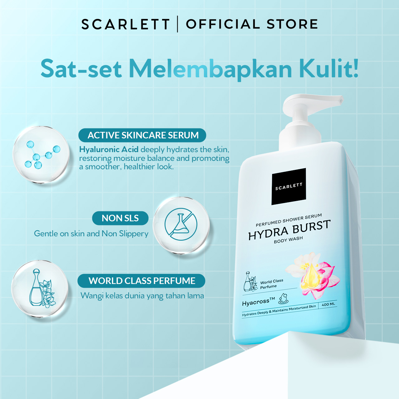 SCARLETT Perfumed Shower Serum 400ml – Hydra Burst | Hydrating Shower Gel dengan Hyacross™ | Sabun Mandi Cair Melembabkan Kulit Kering, Menjaga Kelembapan | Kulit Lembut & Kenyal dengan Wangi Parfum Mewah Kelas Dunia