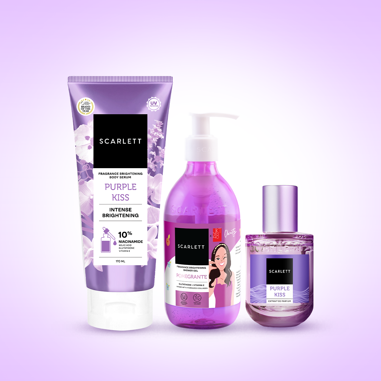 Triple Bundling Scarlett Fragrance Brightening Body Serum Tube Purple, Extrait De Parfum Purple, dan Shower Gel Pomegrante