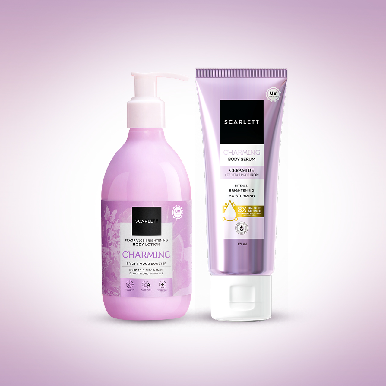 [89K GET 2] Scarlett Bundle Extra Cerah B - Fragrance Brightening Body Lotion Charming & Body Serum Tube Charming