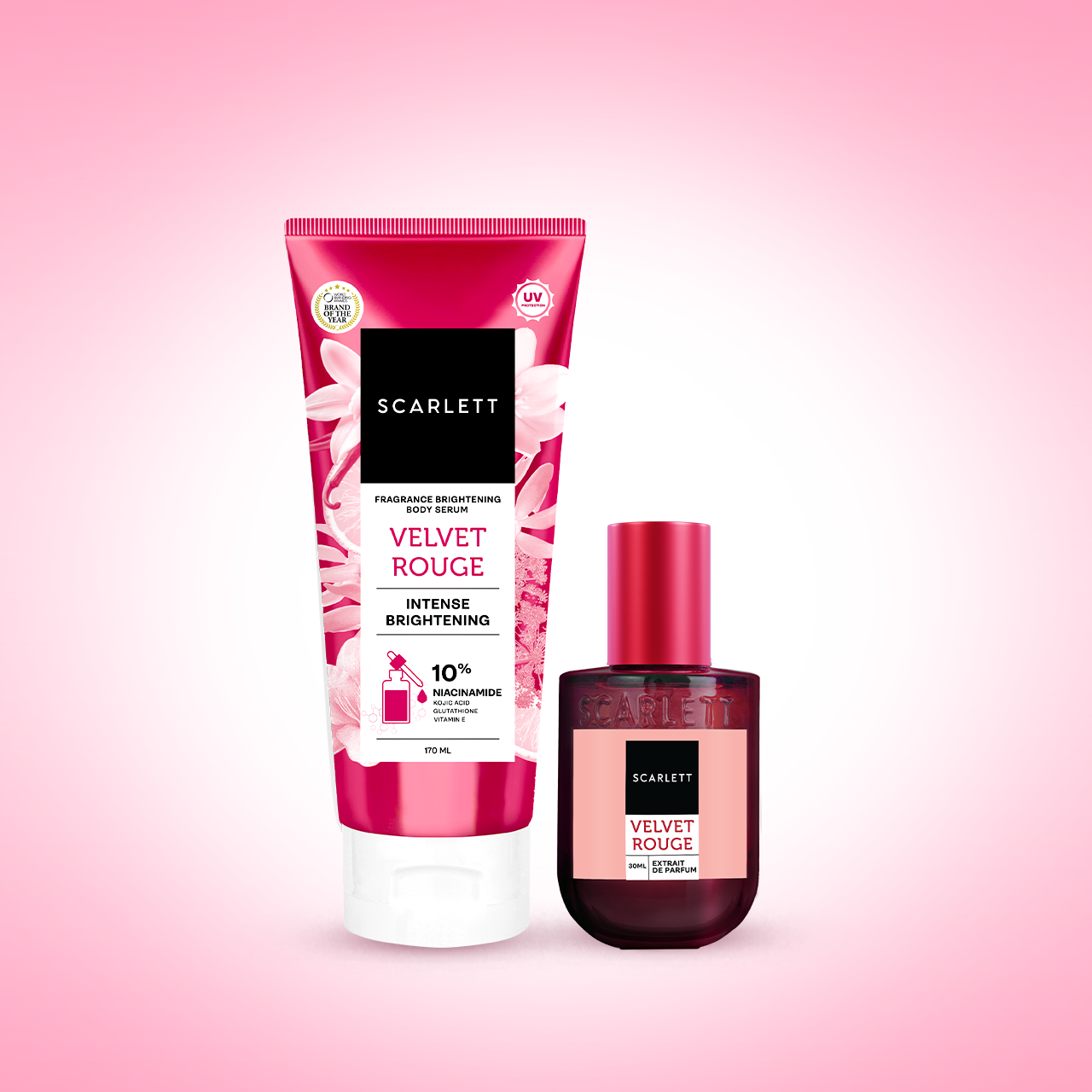 Scarlett Fragrance Brightening Bundling Body Serum Tube Velvet Rouge 170ml & Scarlett Whitening Extrait De Parfum Velvet Rouge 30ml