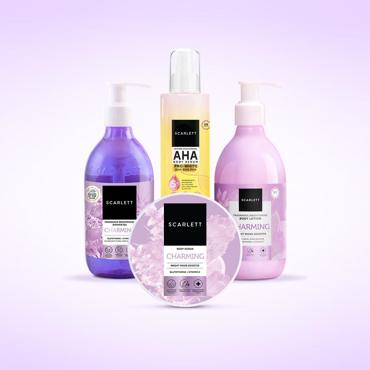 Scarlett 4pcs Bodycare Daily Routine Charming Mood Booster + AHA Body Serum