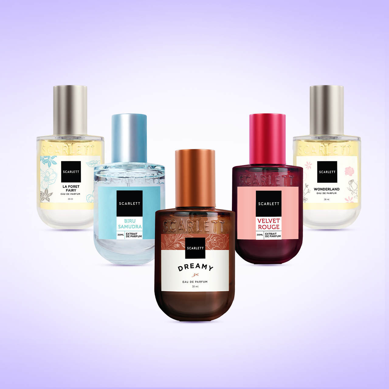 Scarlett Eau De Parfum size 30ml (Bundling 5.3) - Dreamy, Velvet Rouge, Biru Samudra, La Foret Fairy, Wonderland