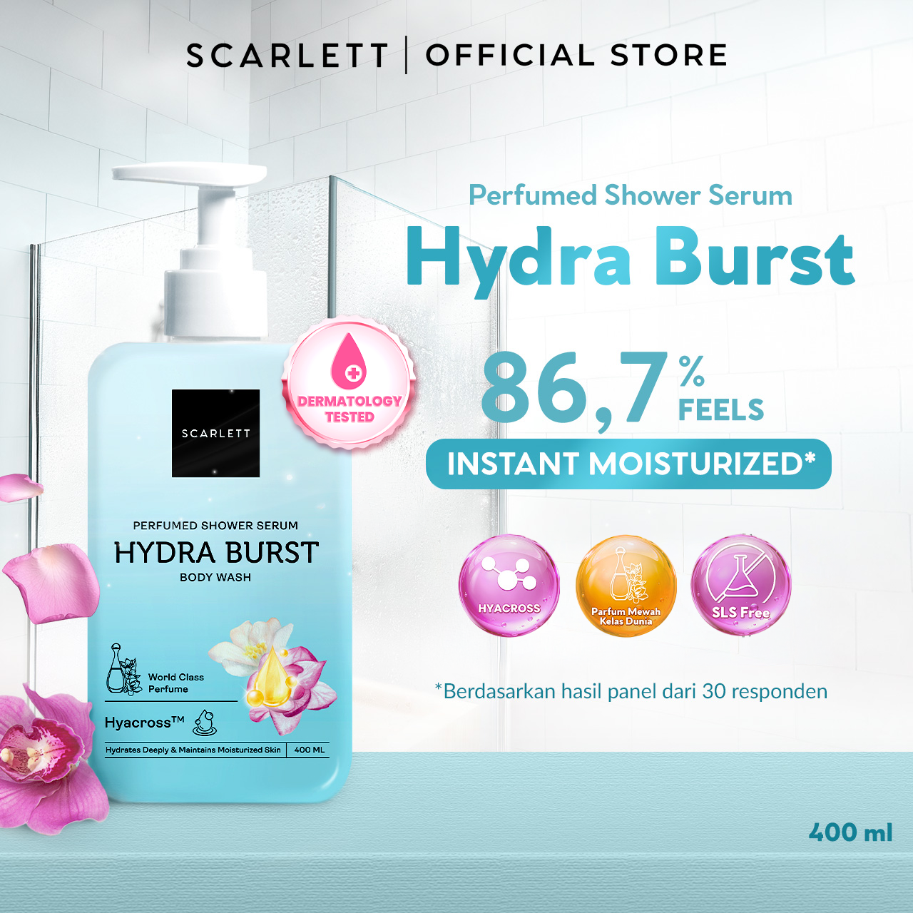 SCARLETT Perfumed Shower Serum 400ml – Hydra Burst | Hydrating Shower Gel dengan Hyacross™ | Sabun Mandi Cair Melembabkan Kulit Kering, Menjaga Kelembapan | Kulit Lembut & Kenyal dengan Wangi Parfum Mewah Kelas Dunia