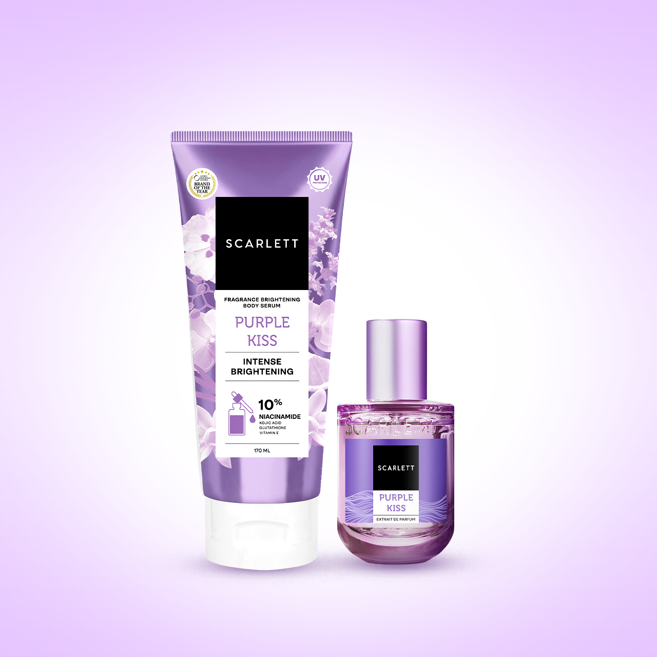 Scarlett Fragrance Brightening Bundling Body Serum Tube Purple Kiss 170ml & Scarlett Whitening Extrait De Parfum Purple Kiss 30ml