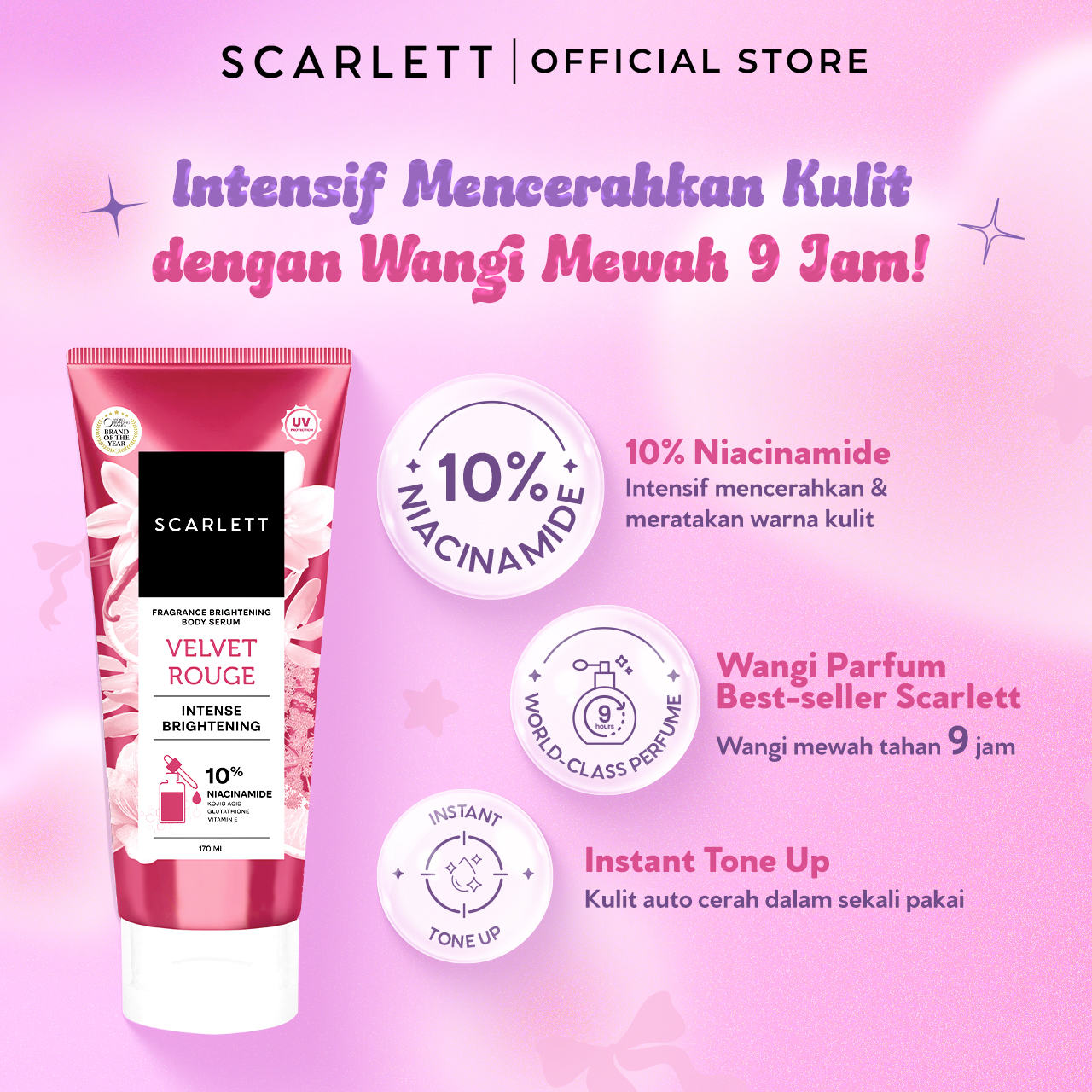 SCARLETT 10% NIACINAMIDE Fragrance Brightening Bundling Body Serum Tube Velvet Rouge & Purple Kiss 170ml