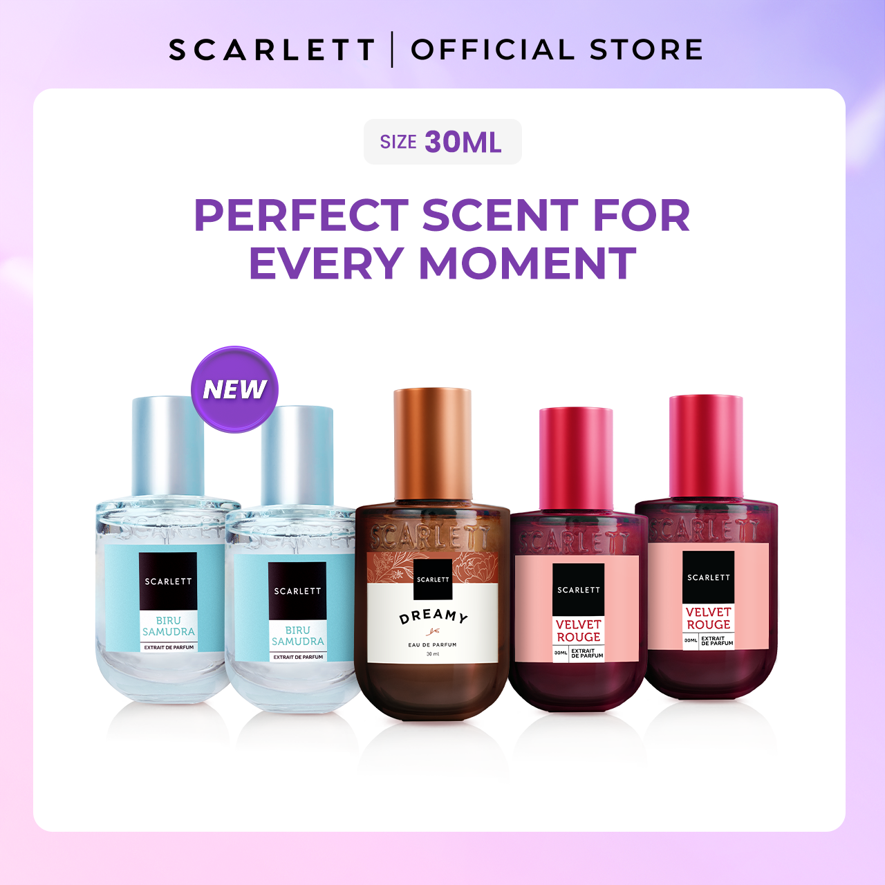 Scarlett Eau De Parfum size 30ml (Bundling 5.2) - 2pcs Biru Samudra, 2pcs Velvet Rouge, 1pcs Dreamy