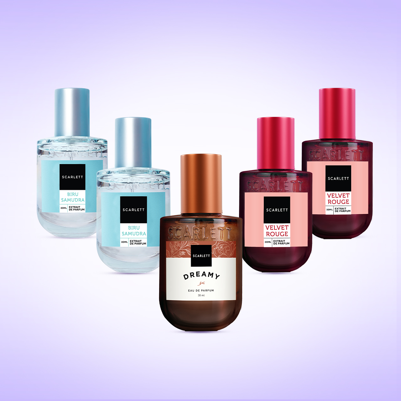 Scarlett Eau De Parfum size 30ml (Bundling 5.2) - 2pcs Biru Samudra, 2pcs Velvet Rouge, 1pcs Dreamy
