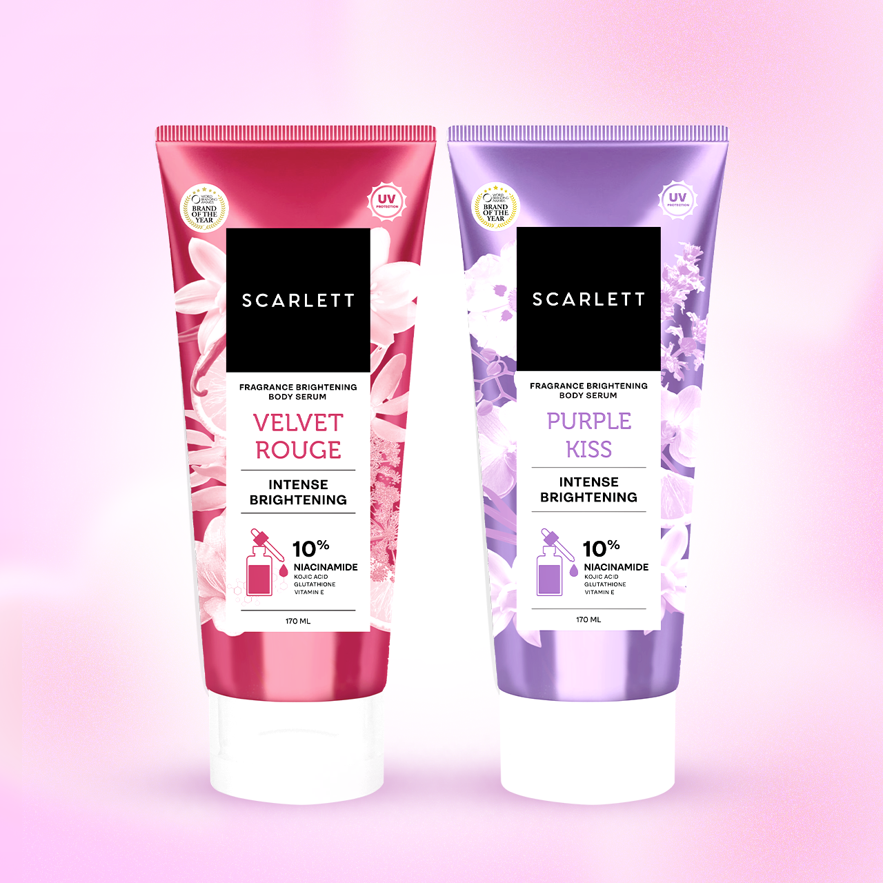 SCARLETT 10% NIACINAMIDE Fragrance Brightening Bundling Body Serum Tube Velvet Rouge & Purple Kiss 170ml