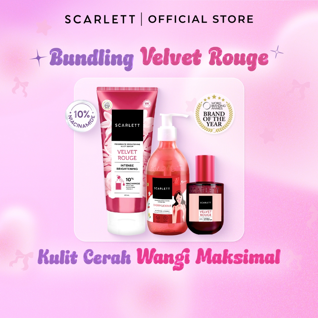 Triple Bundling Scarlett Fragrance Brightening Body Serum Tube Velvet, Extrait De Parfum Velvet, dan Shower Gel Cherrylicious