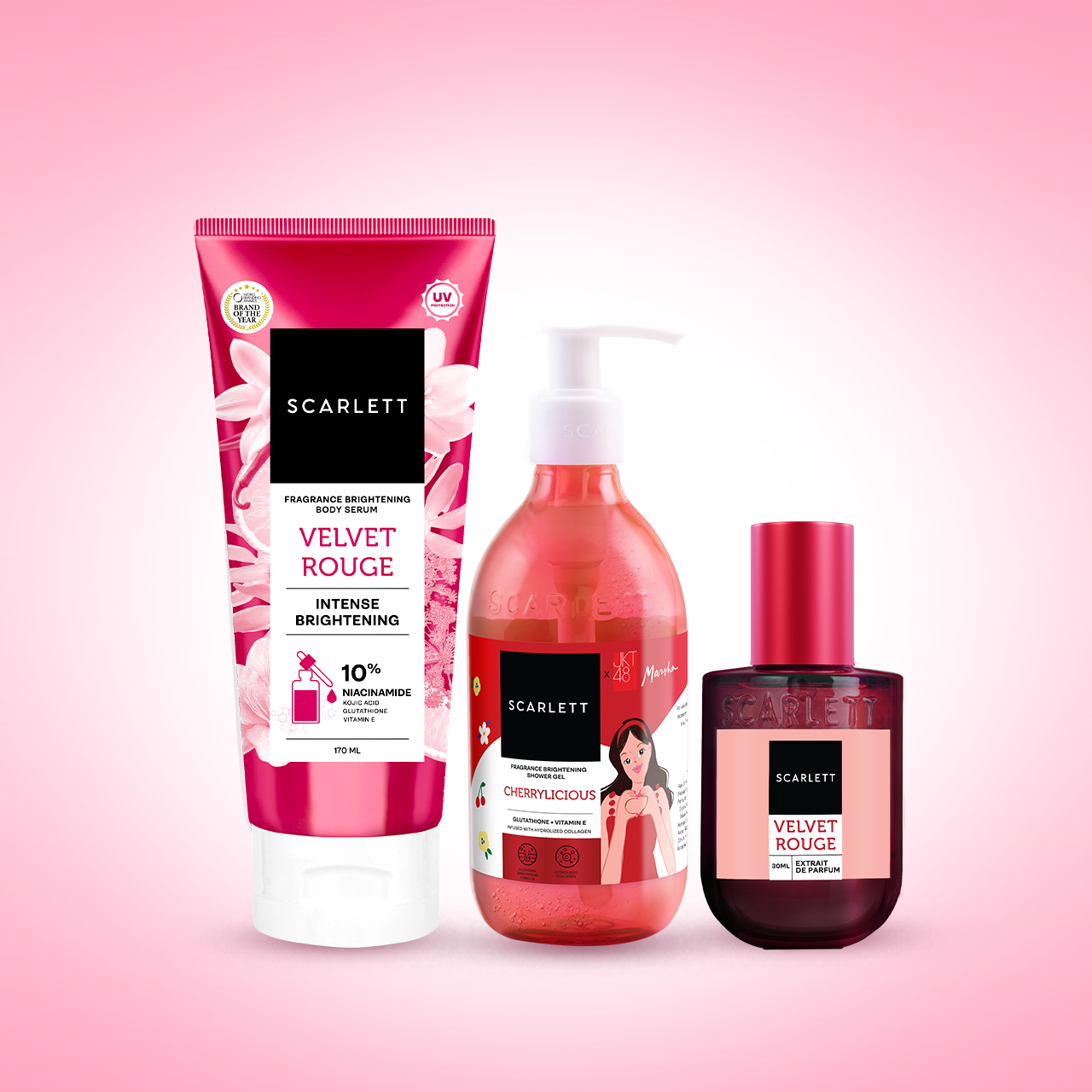 Triple Bundling Scarlett Fragrance Brightening Body Serum Tube Velvet, Extrait De Parfum Velvet, dan Shower Gel Cherrylicious