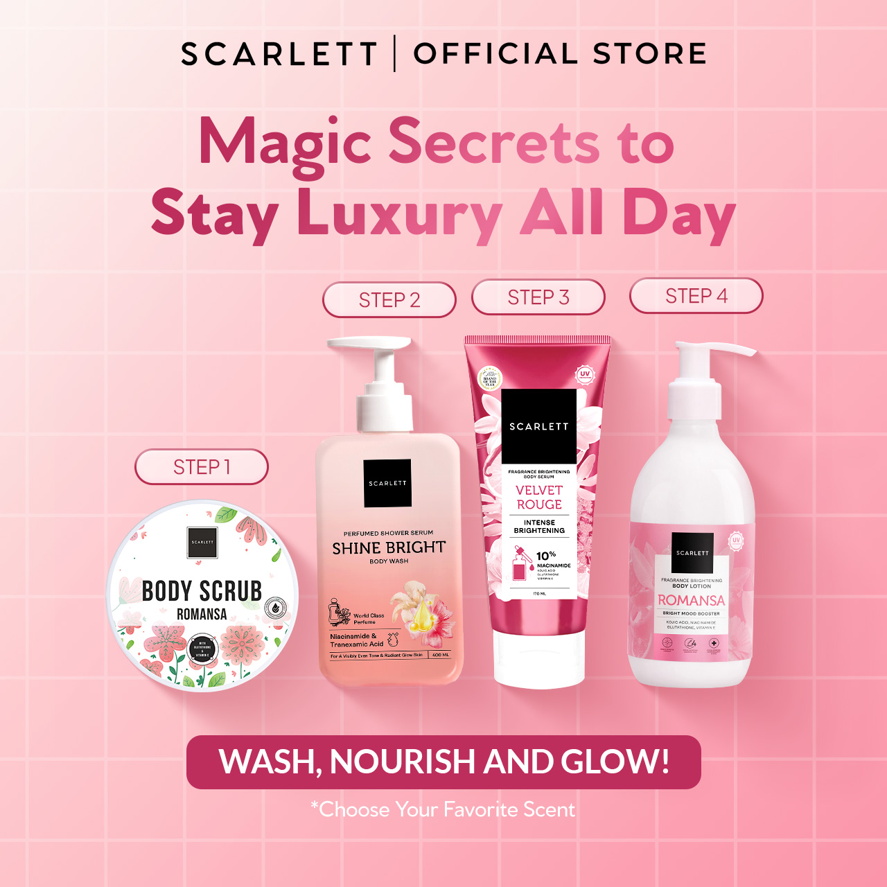 SCARLETT Perfumed Shower Serum 400ml – Shine Bright | Brightening Shower Gel dengan Niacinamide & Tranexamic Acid | Sabun Mandi Cair Mencerahkan Kulit Kusam, Menyamarkan Noda | Kulit Glowing dengan Wangi Parfum Mewah Kelas Dunia