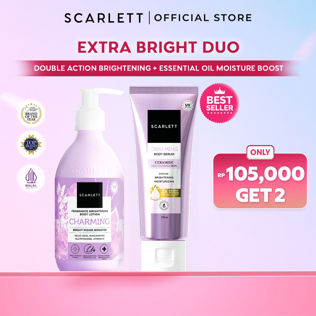 [89K GET 2] Scarlett Bundle Extra Cerah B - Fragrance Brightening Body Lotion Charming & Body Serum Tube Charming