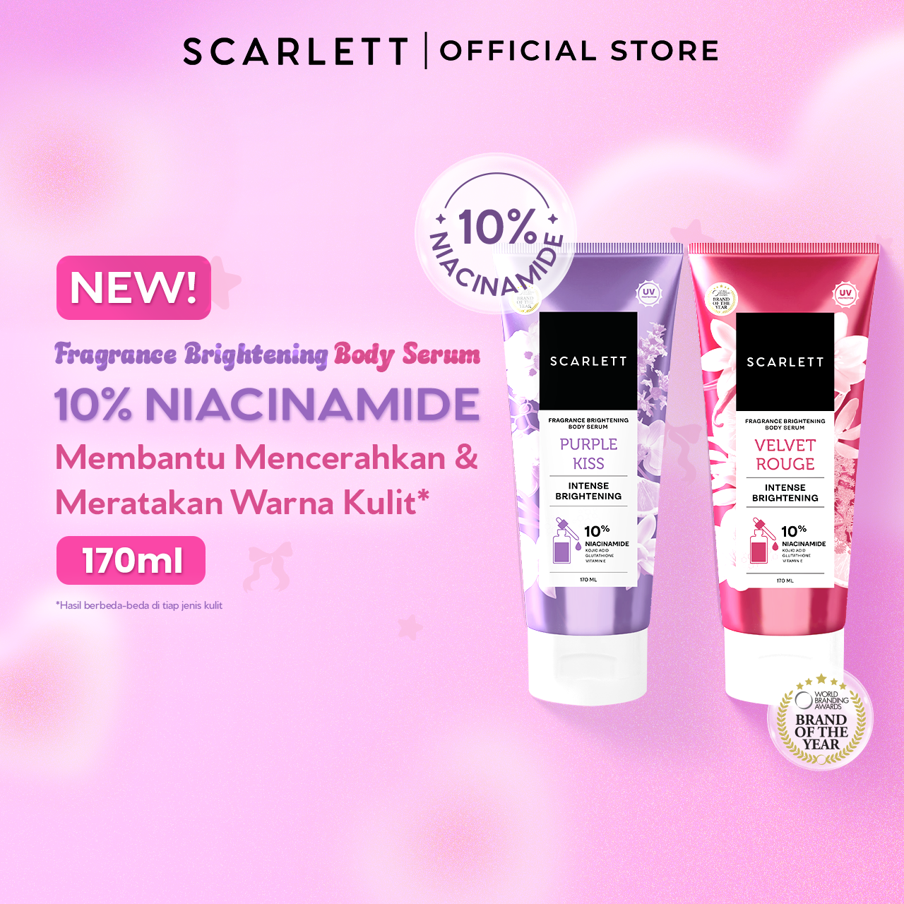 SCARLETT 10% NIACINAMIDE Fragrance Brightening Bundling Body Serum Tube Velvet Rouge & Purple Kiss 170ml