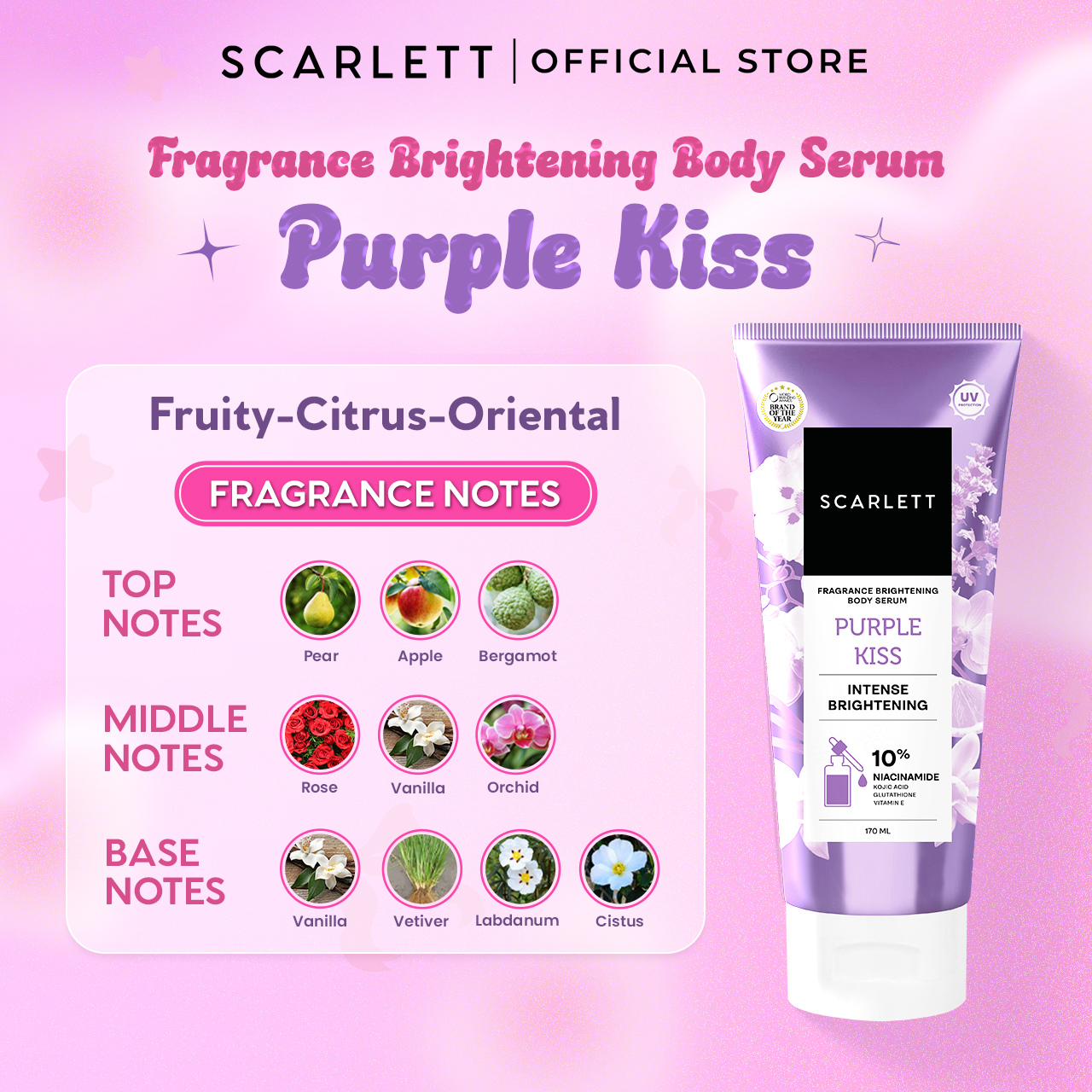 SCARLETT 10% NIACINAMIDE Fragrance Brightening Body Serum Tube Purple Kiss 170ml