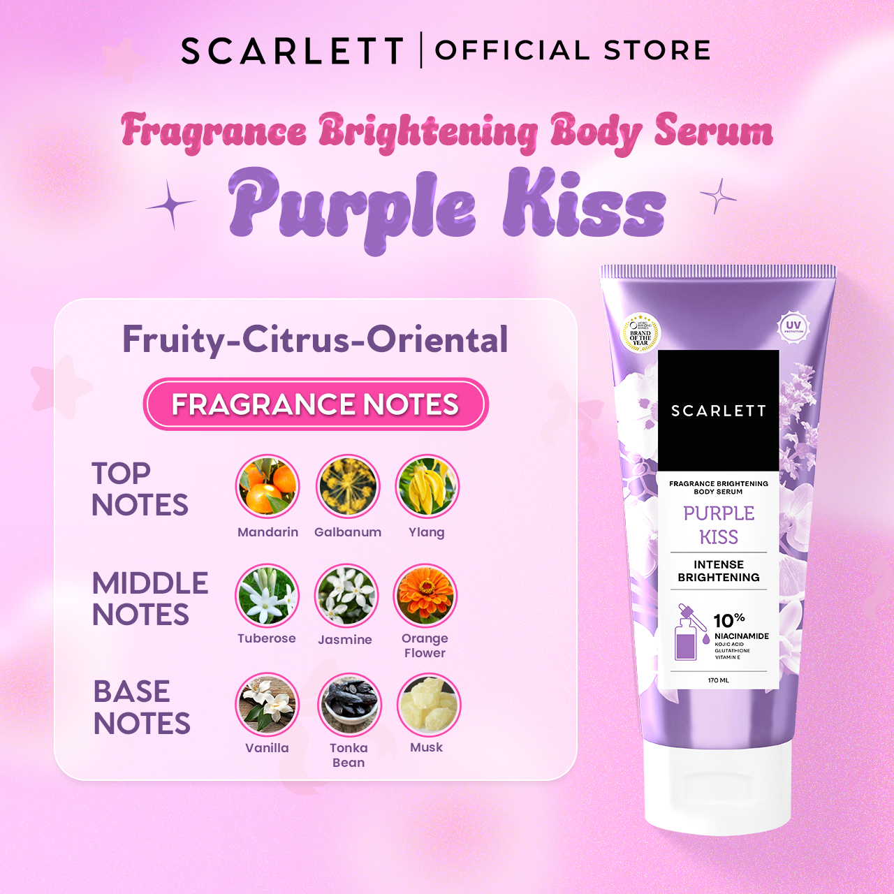 SCARLETT 10% NIACINAMIDE Fragrance Brightening Bundling Body Serum Tube Velvet Rouge & Purple Kiss 170ml