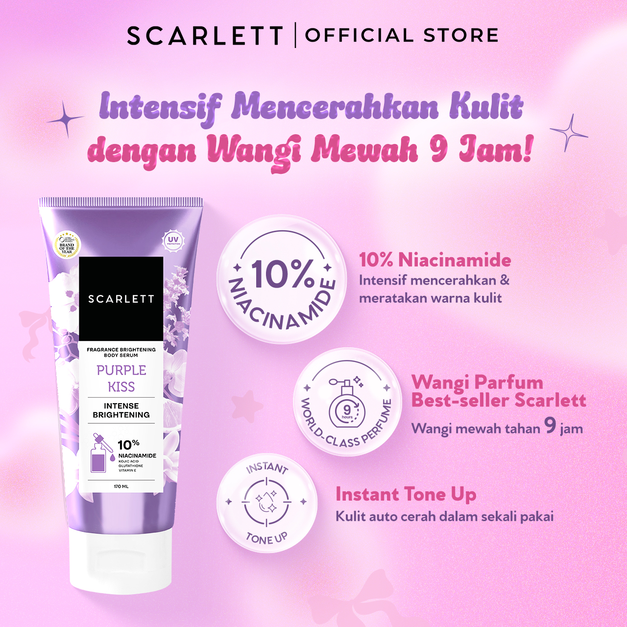 SCARLETT 10% NIACINAMIDE Fragrance Brightening Bundling Body Serum Tube Velvet Rouge & Purple Kiss 170ml