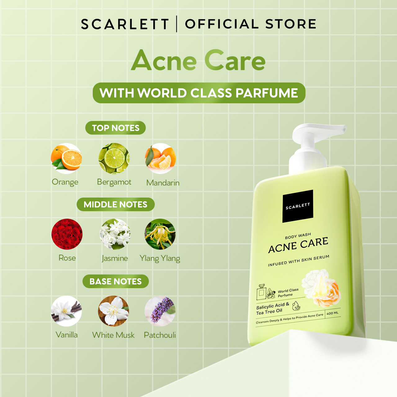 SCARLETT Perfumed Shower Serum 400ml – Acne Care | Anti-Acne Shower Gel dengan Salicylic Acid & Tea Tree Oil | Sabun Mandi Cair untuk Jerawat Punggung & Dada, Membersihkan Pori, Menenangkan Kulit Berjerawat | Shower Serum dengan Wangi Parfum Mewah Kelas Dunia