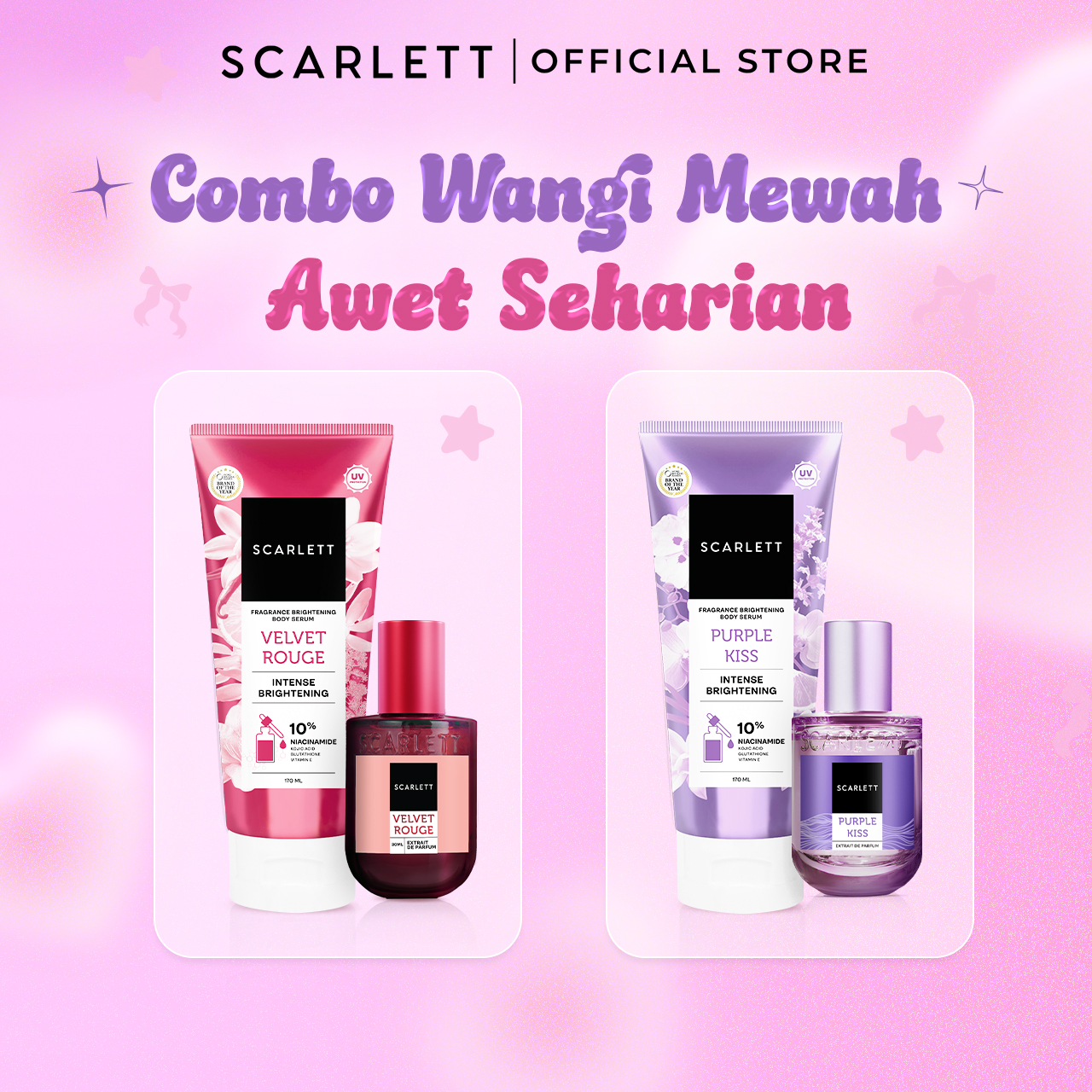 SCARLETT 10% NIACINAMIDE Fragrance Brightening Bundling Body Serum Tube Velvet Rouge & Purple Kiss 170ml
