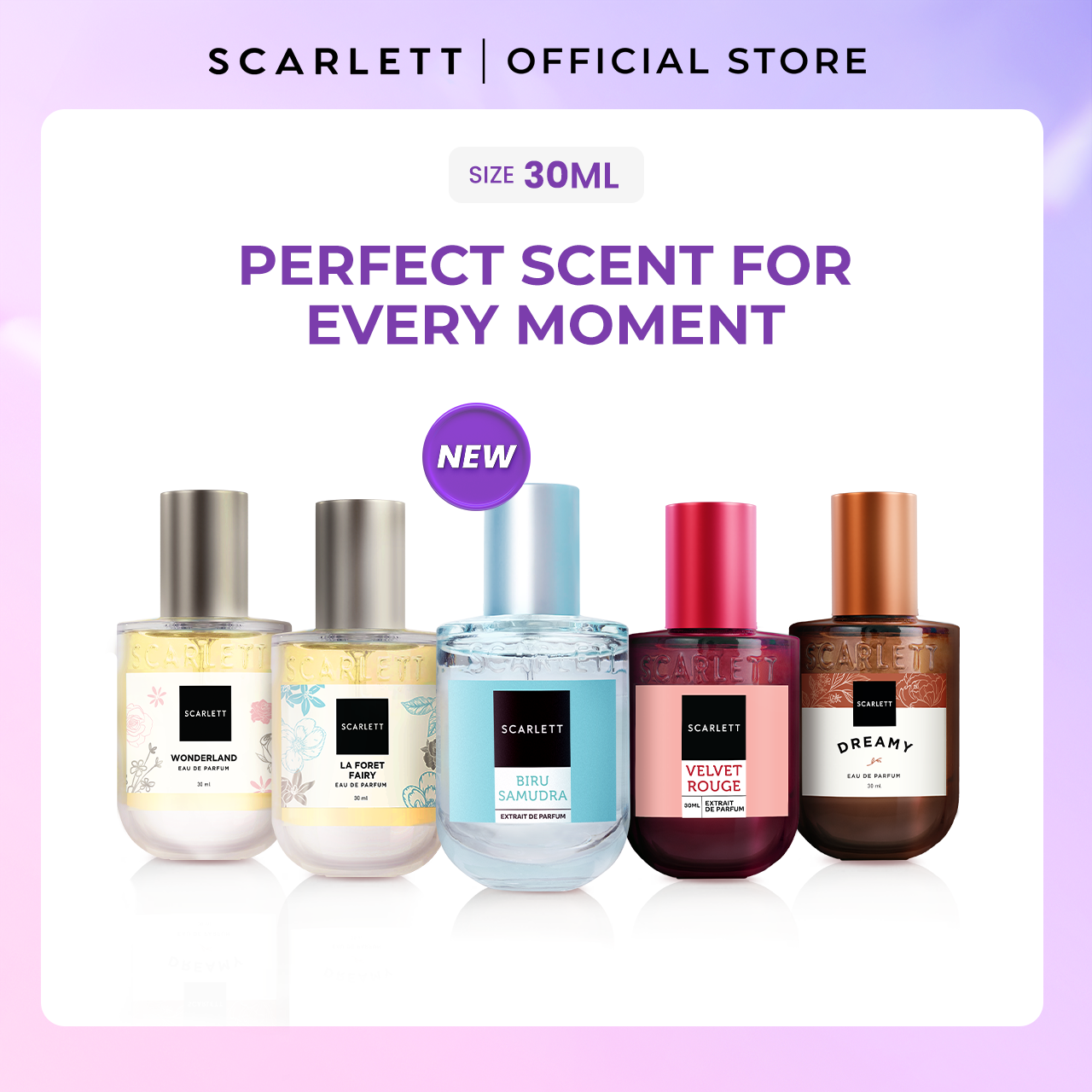 Scarlett Eau De Parfum size 30ml (Bundling 5.3) - Dreamy, Velvet Rouge, Biru Samudra, La Foret Fairy, Wonderland