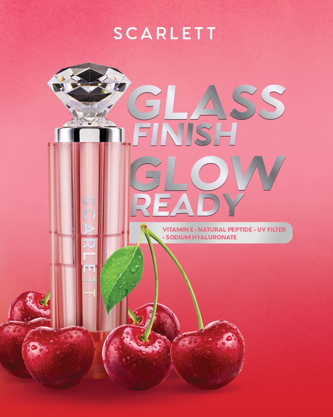 [IN VITRO SPF 50+ PA++++] SCARLETT GLASS GLOW TINTED LIP BALM JUICY CHERRY - Moisturizing & hydrating, natural lip color, plumpy lips, cover bibir gelap, mencerahkan bibir, UV Filter