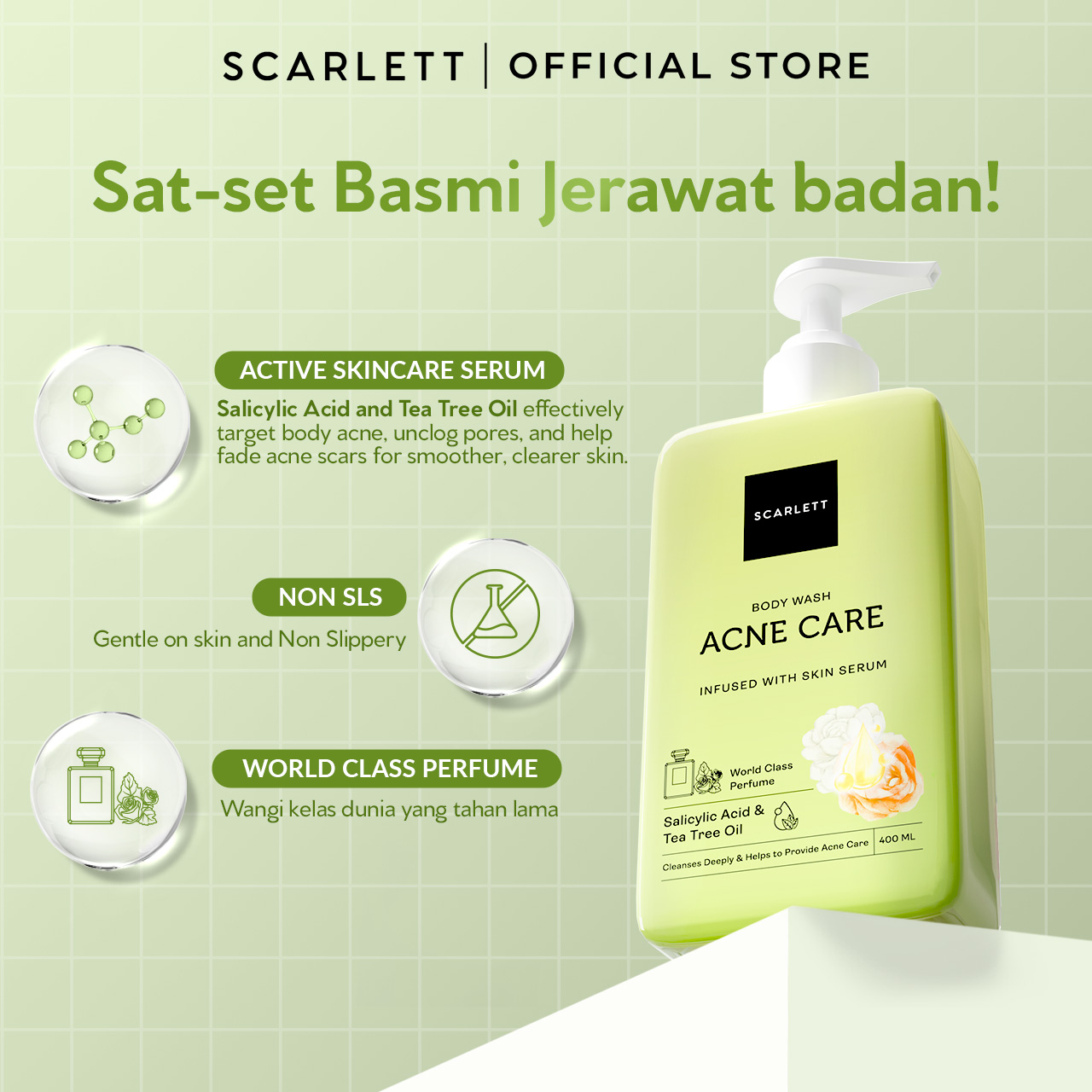 SCARLETT Perfumed Shower Serum 400ml – Acne Care | Anti-Acne Shower Gel dengan Salicylic Acid & Tea Tree Oil | Sabun Mandi Cair untuk Jerawat Punggung & Dada, Membersihkan Pori, Menenangkan Kulit Berjerawat | Shower Serum dengan Wangi Parfum Mewah Kelas Dunia