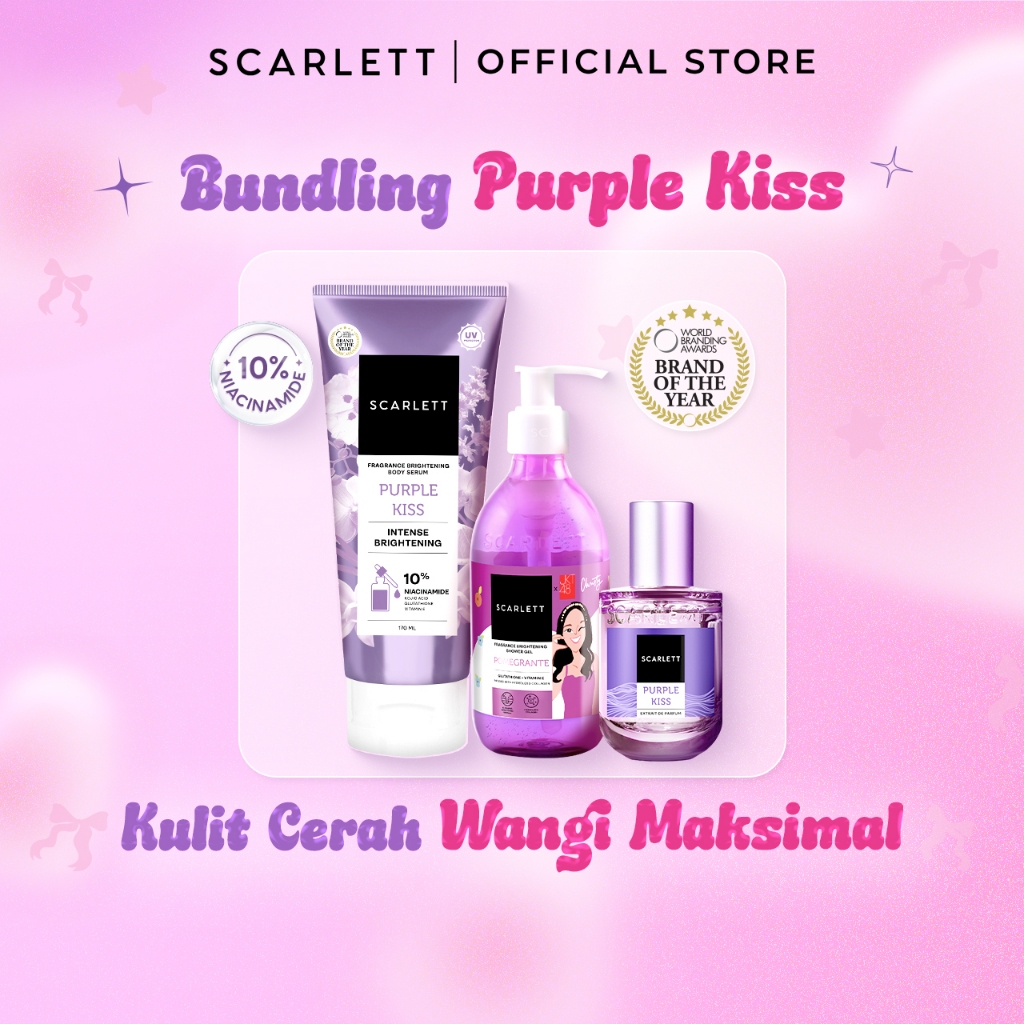 Triple Bundling Scarlett Fragrance Brightening Body Serum Tube Purple, Extrait De Parfum Purple, dan Shower Gel Pomegrante