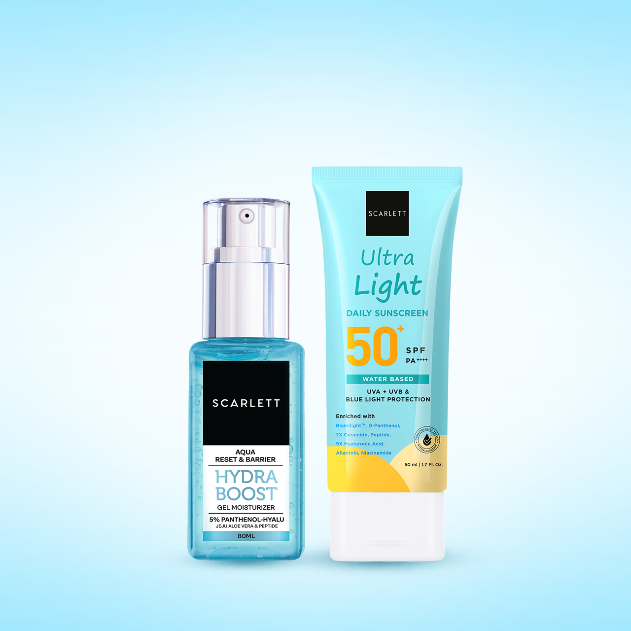 Scarlett Hydra Boost Gel Moisturizer + Ultra Light Daily Sunscreen SPF50 PA++++