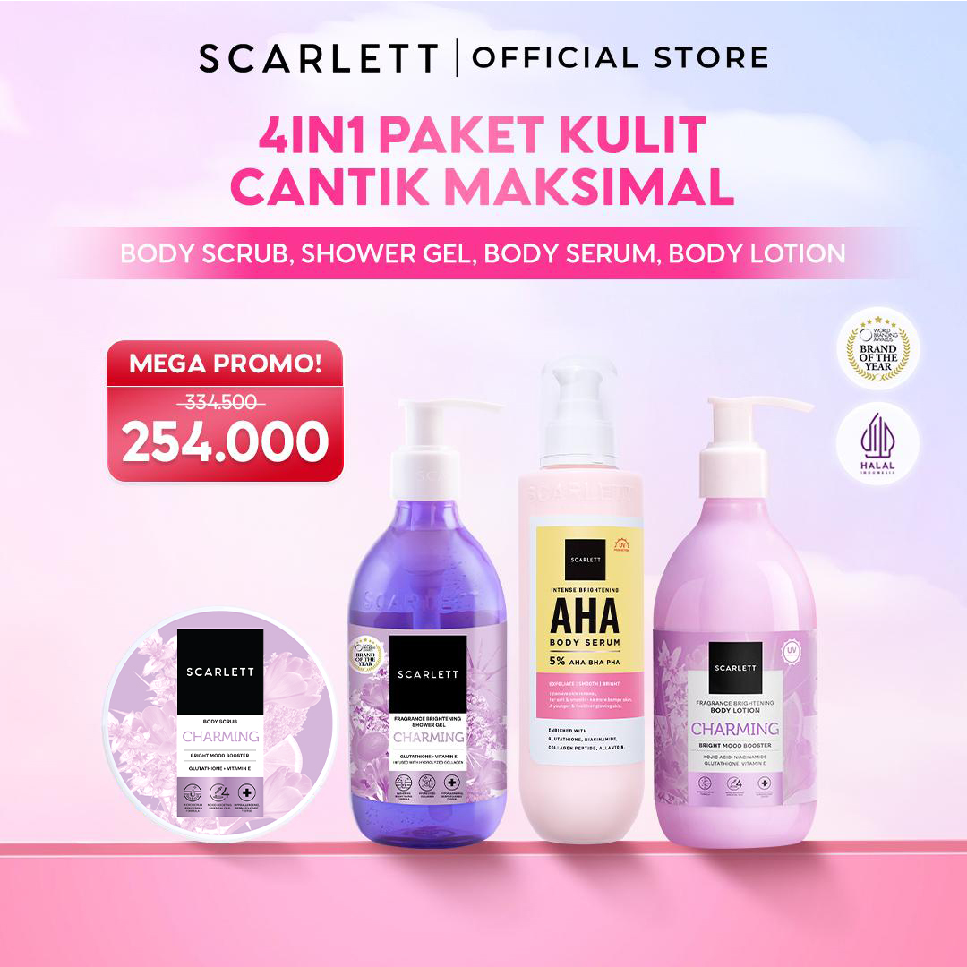 Scarlett 4pcs Bodycare Daily Routine Charming Mood Booster + AHA Body Serum