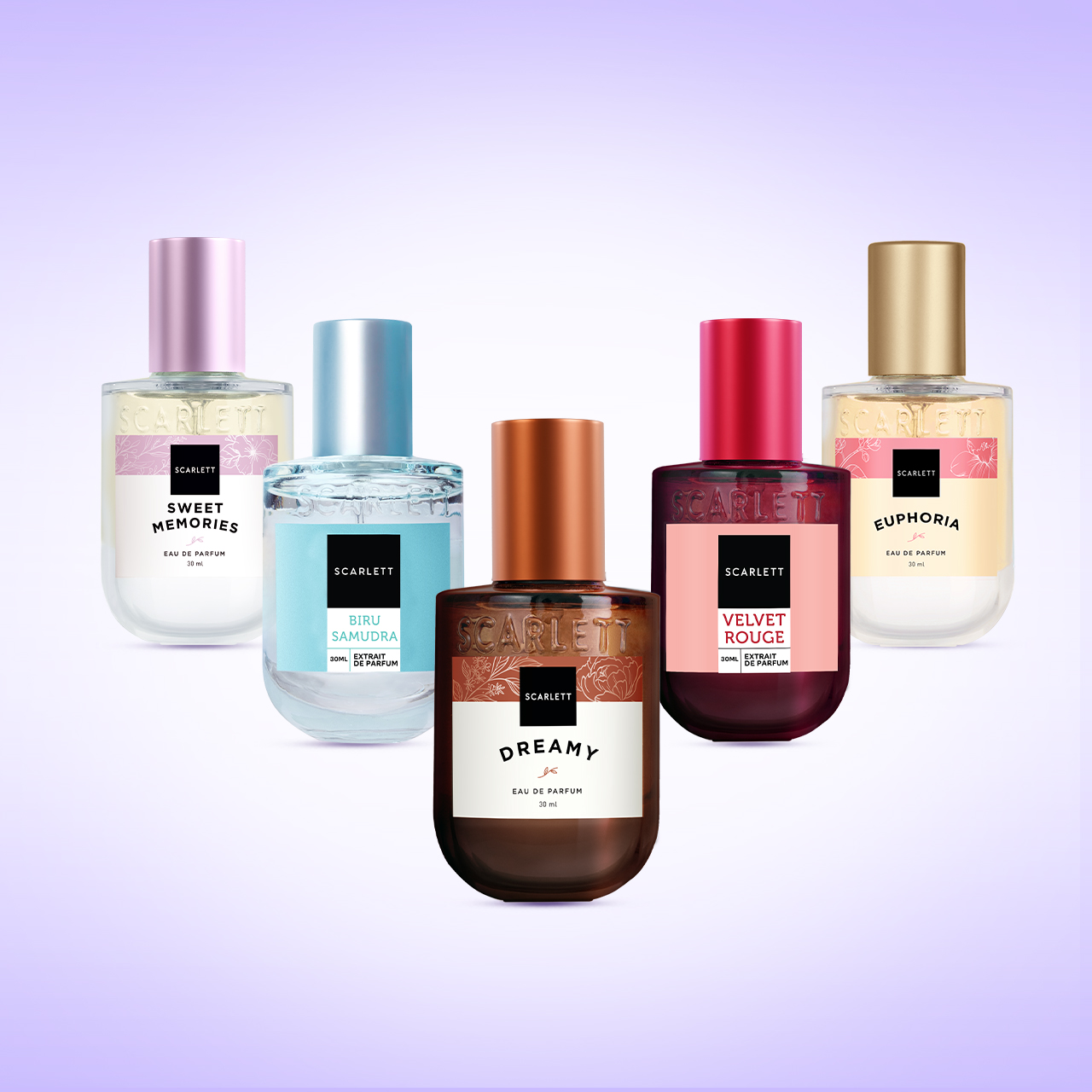 Scarlett Eau De Parfum size 30ml (Bundling 5.1) - Euphoria, Sweet Memories, Biru Samudra, Velvet Rouge, Dreamy